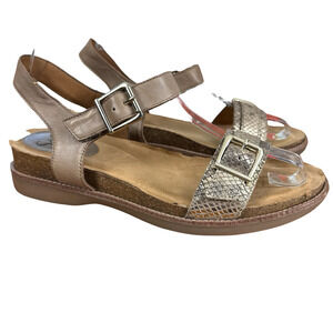 Sofft Leather Beige Gold Ankle Strap Sandals Low Wedge Open Toe Shoes sz 8 M